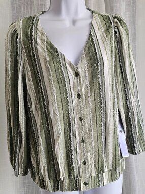 Pale Sky Millie 3/4 Sleeve Button Front Knit Top Olive Size S NWT